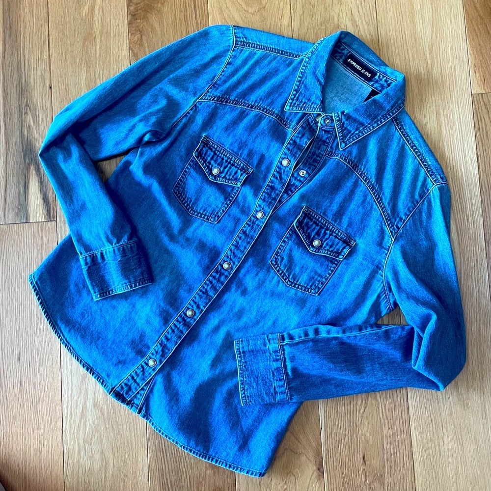 Vtg Express Womens Denim Pearl Snap Jean Boyfriend Button Up Shirt Med Western